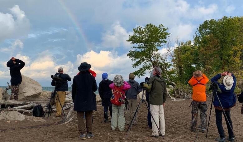 A group of birders stand with binoculars and spotting scopes, looking out across the landscape. 