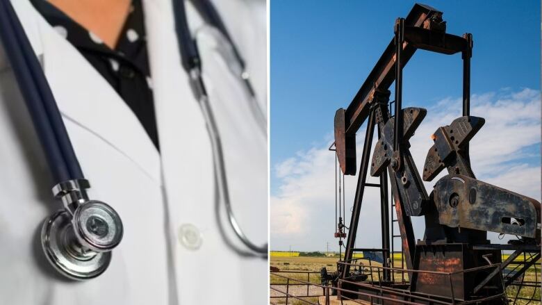 A collage of a doctor and a pumpjack is pictured.