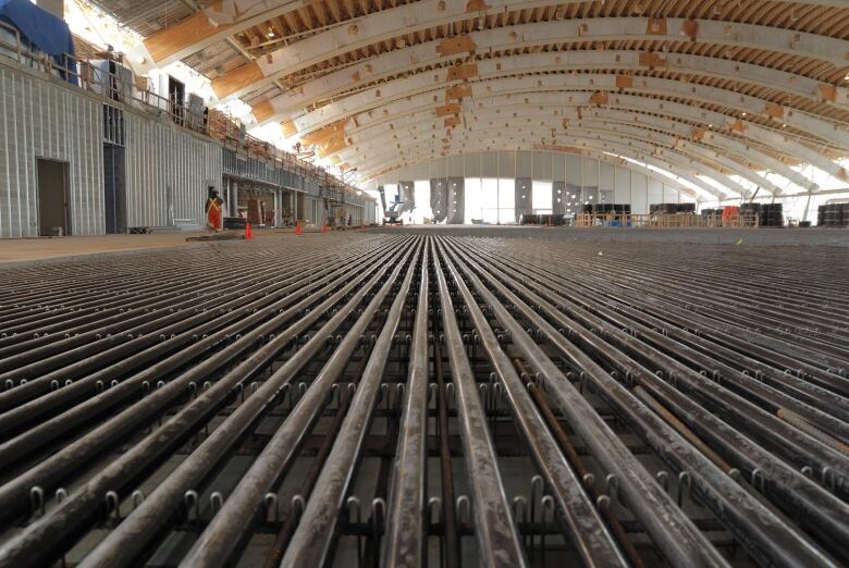 Refrigeration pipes at an under construction skating rink.