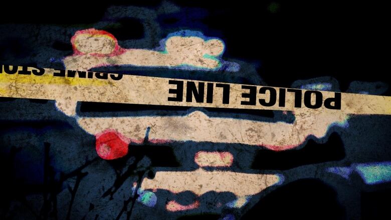 A photo illustration showing police tape in front of red and blue police lights. 