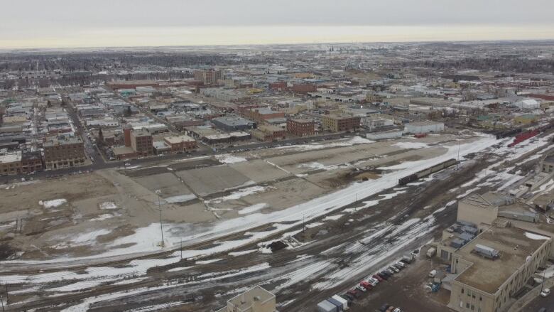 An overhead drone shot of the area known as The Yards in downtown Regina. 