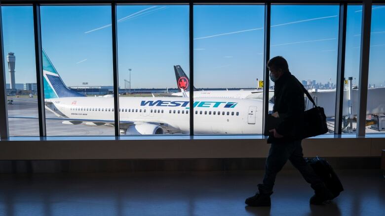 A man walking past a WestJet plane.