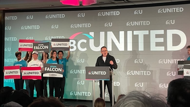 A man in a black shirt stands in front of people holding up placards with the words 'B.C. United' and a large wall with 'BCU' and 'B.C. United'.