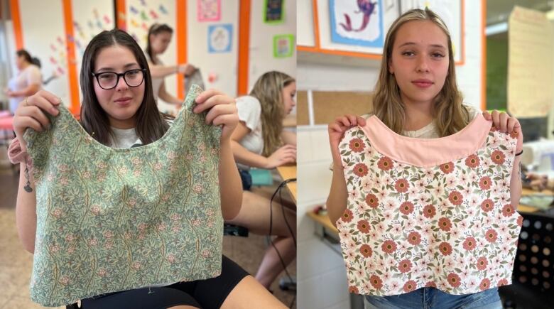 Carmen Breeze Lahache (left) and Haylee Kirby Lazare show the progress they've made with their shirts.