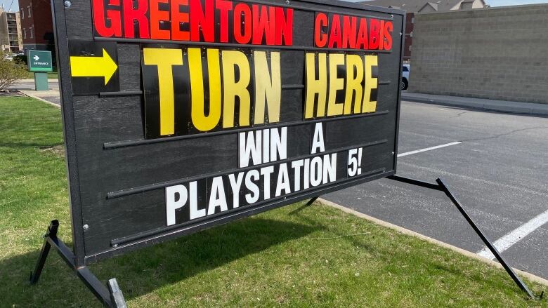 A sign advertises a giveaway for a PlayStation 5 gaming console. 