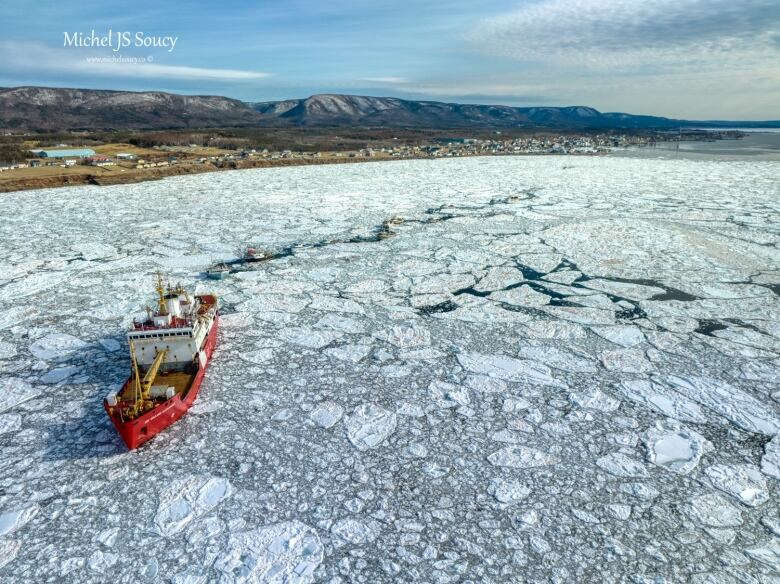 A Canadian Coast Guard icebreaker leads several snow crab boats out of a harbour because the harbour is filled with ice.