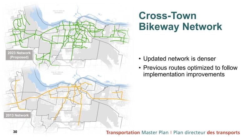 A graphic of how many bikes routes were in Ottawa in 2013 and how many more are planned in 2023.