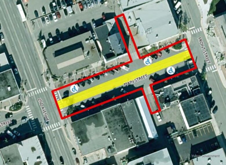 A map shows a thick red line around one block of a street.