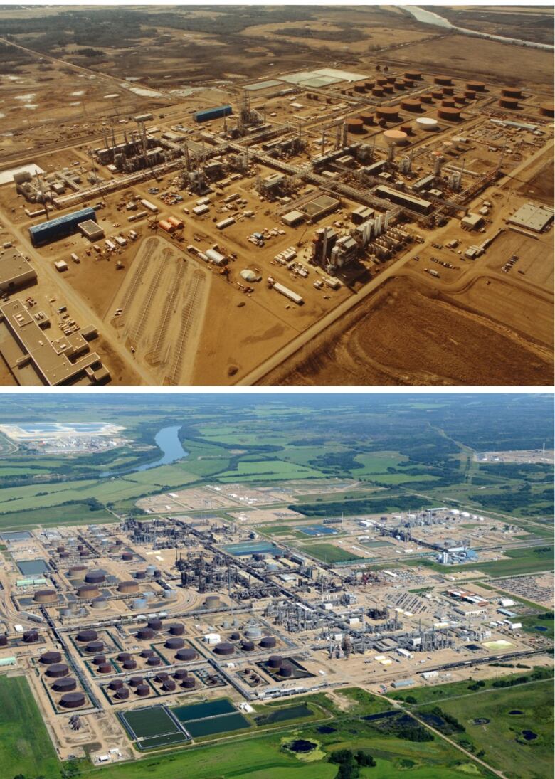 Two aerial photos of an industrial facility.