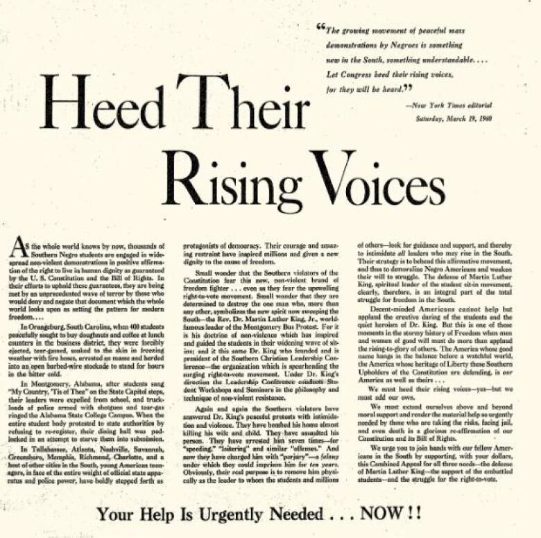 An old sheet of paper with the headline: Heed Their Rising Voices. 