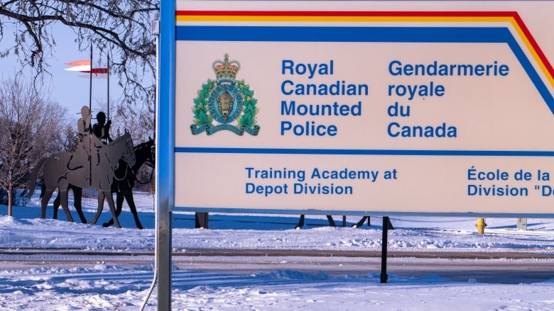 Exterior signage for the RCMP Training Academy at Depot Division is pictured in snowy environs on a sunny day in Regina, SK. 20-Jan, 2022