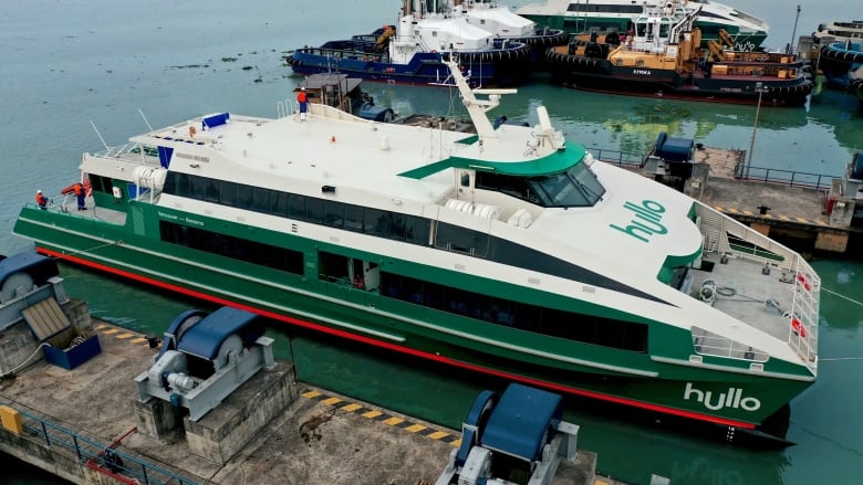 A green and white ferry on the water. 