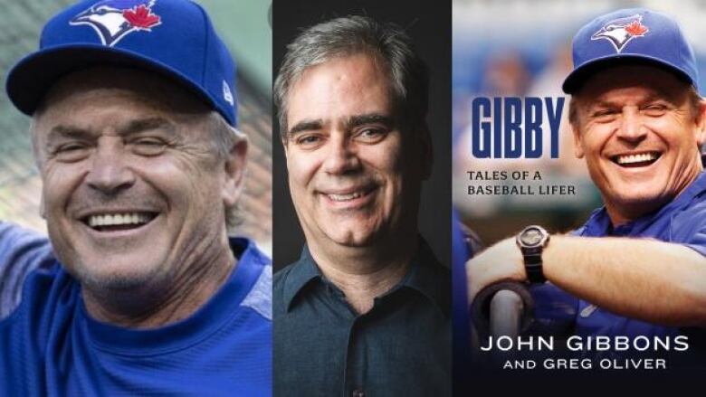 On the left is a man smiling with a baseball cap, in the middle is a man smiling, and on  the right is a book cover with a man smiling in a baseball cap.  