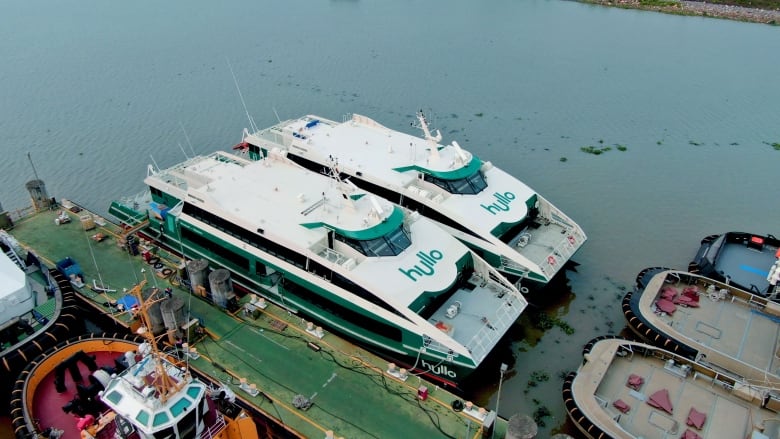 Two white ferries with green detailing are seen from above.