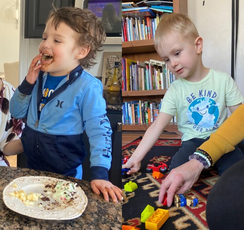 Two children with autism. One eating a snack. Another playing with blocks.