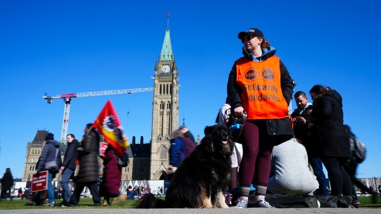 Striking workers stand on a legislature's lawn.