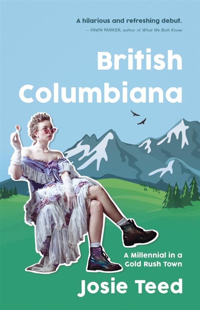 A book cover image of a woman in dress sitting in front of a cartoon background of mountains, grass, and evergreen trees. There is also black and white text overlay. 