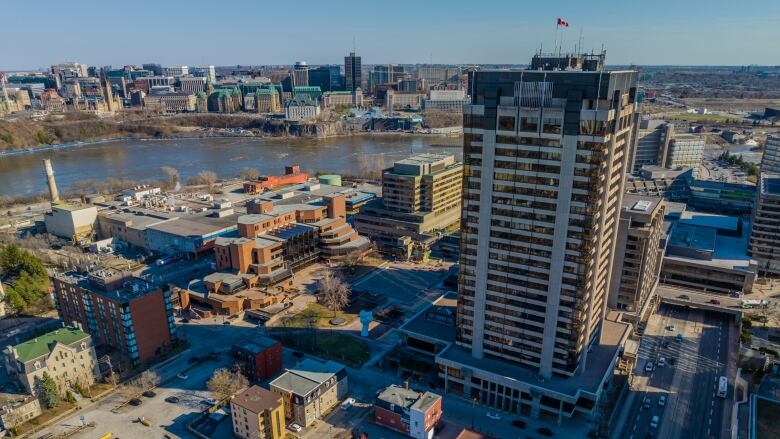 A city's downtown in a drone photo.