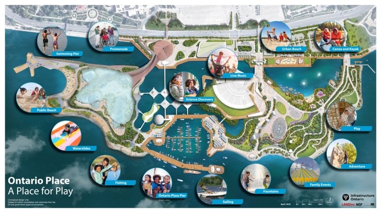 A rendering of the provincial government's latest vision for the Ontario Place redevelopment.