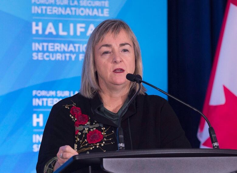 Kerry Buck, Canada's ambassador to NATO, addresses a news conference at the Halifax International Security Forum in Halifax on Friday, Nov. 17, 2017.