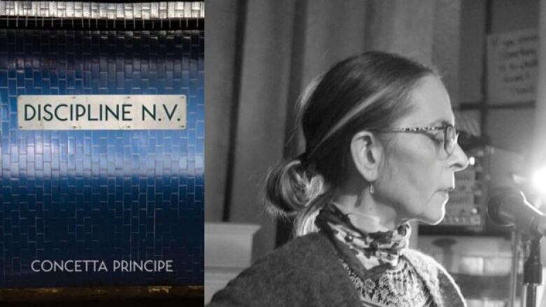 On the left is book cover that shows a black tiled wall with a metal plate stuck on it. On the metal plate is the book name, and there is also white text at the bottom that is the book author name. On the right is a side profile of woman wearing glasses and in a bun. 