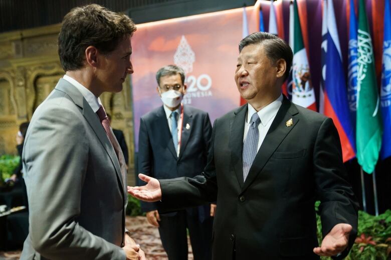 Xi Jinping holds up hands in expression of frustration during chat with Justin Trudeau.