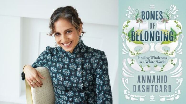 On the left is a headheadshot of a woman in a bun smiling at the camera wearing a blue collared shirt with white, turquoise, and blue flowers. She is sitting on a chair. On the right is a light blue book cover fragments of bones that have flowers growing out of them. There is blue and grey text overlay that is the book title and author name. 