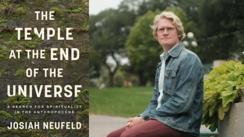 On the left is a rock wall with moss growing out of it. There is pale yellow coloured text overlay that is the book's title and author name. On the right is a photo of the author who has blonde hair, is wearing glasses, jean jacket, mauve pants, and is smiling at the camera. 