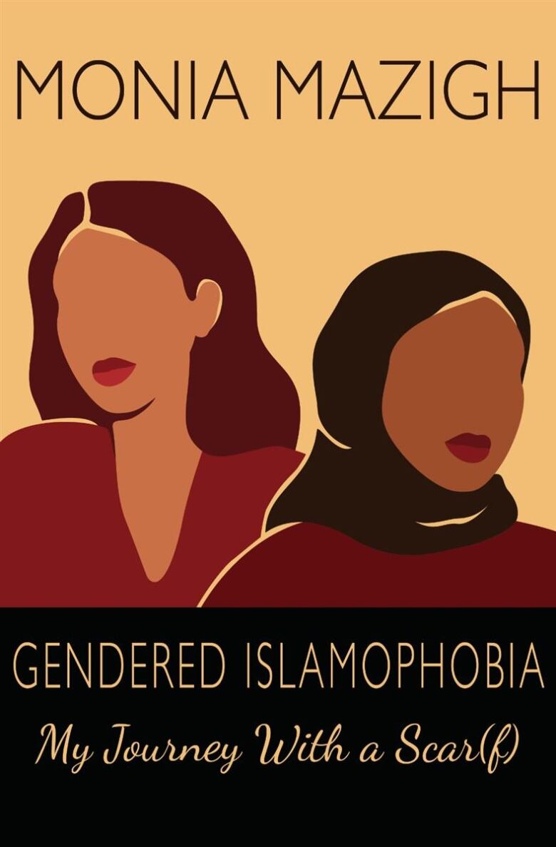 A pale orange book cover with a graphic of a woman with long hair looking to the right, and a graphic of a woman wearing a hijab looking to the left. 