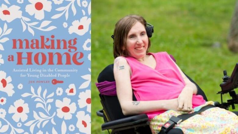 On the left is a blue book cover with flowers that have white petals and orange centers. There is orange text overlay that is the book's title and author's name. On the right is a photo of the author who is wearing a floral skirt and pink tank top. She is sitting in a wheelchair and smiling. 