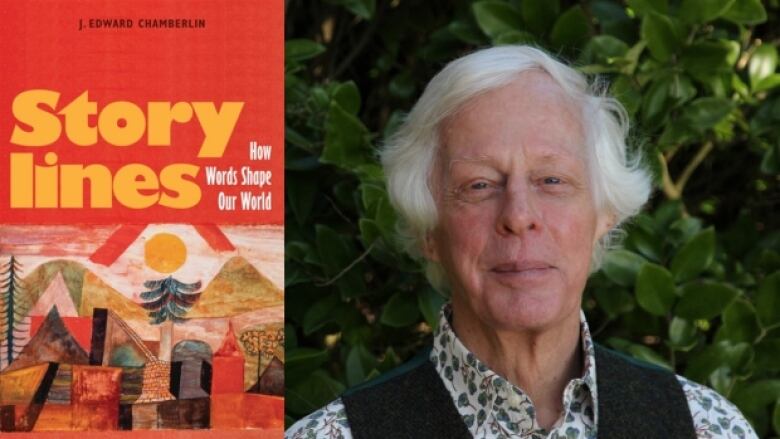 On the left is a book cover shows a sun rising over mountains, trees, and house-like shapes which are made of quilt-like material.  There is yellow, white, and black text overlay that shows the title and author name. On the right is a white-haired man wearing a floral button up shirt and a black vest. He is standing in front a tall bush and smiling at the camera. 