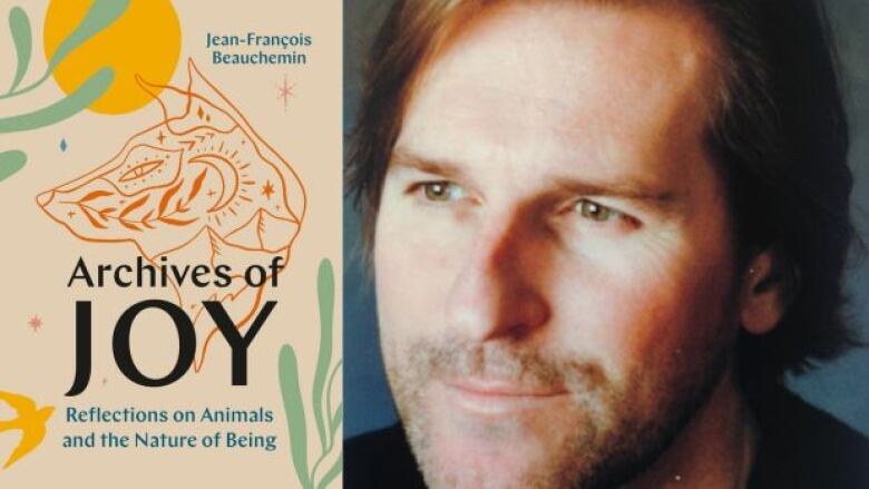 On the left is a tan coloured book cover that has drawings of plants, the sun, a fox, and bird with black and blue text overlay that is the book's title and author's name. On the right is a headshot of the author who has brown hair and is slightly looking to the right smiling. 