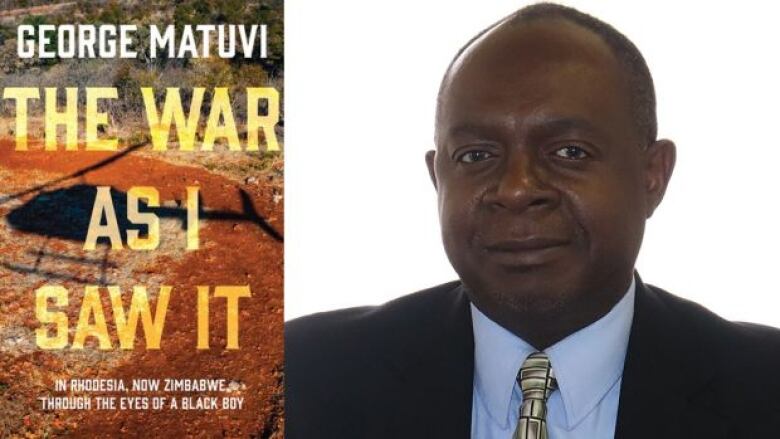 On the left is a book cover that has a shadow of a helicopter over a barren dirt ground. There is yellow and white text overlay which is the book's title and author name. On the right is a headshot photo of the author who is wearing a suit. He is looking directly at the camera and smiling.  