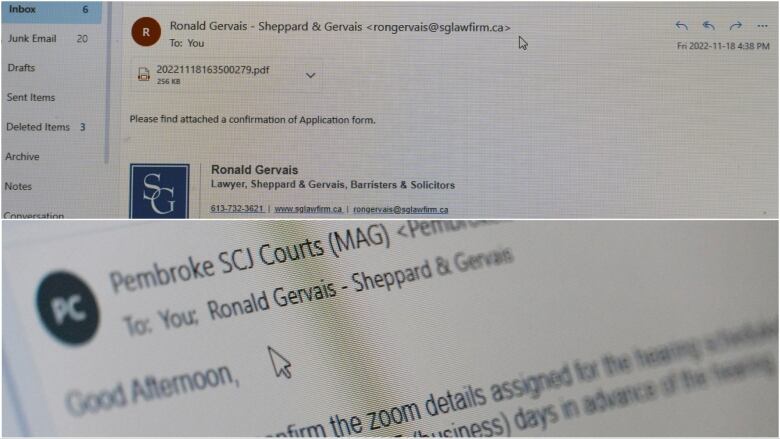 A photo of two emails off a laptop screen.