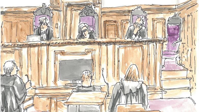 Drawing of people in robes standing in a court in front of three justices.