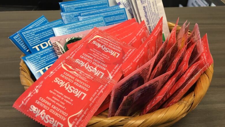 A basket of multi-coloured condoms sits on a table.