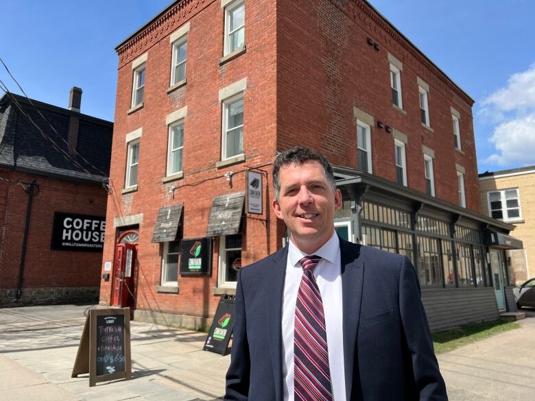 A smiling man standing in front of a red brick building