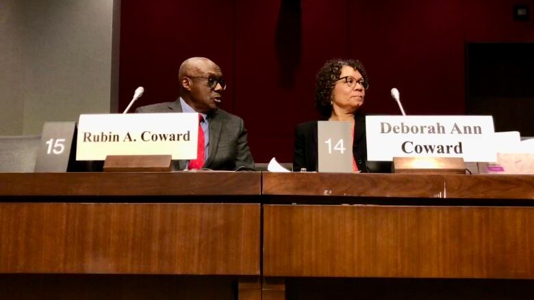 Rubin Rocky Coward and his wife Deborah appear before the Senate committee on Human Rights.