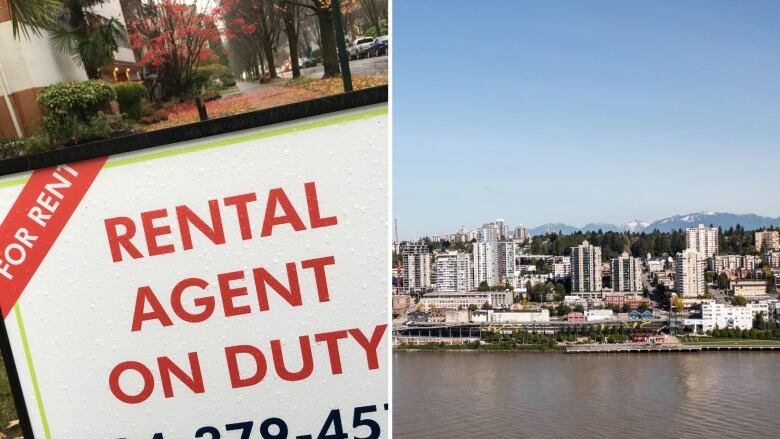 A composite of a rental sign and a city skyline.