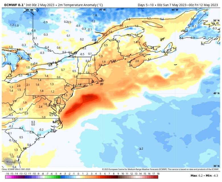 This anomalies map shows that temperatures are expected to average near and even slightly above seasonal for next week.