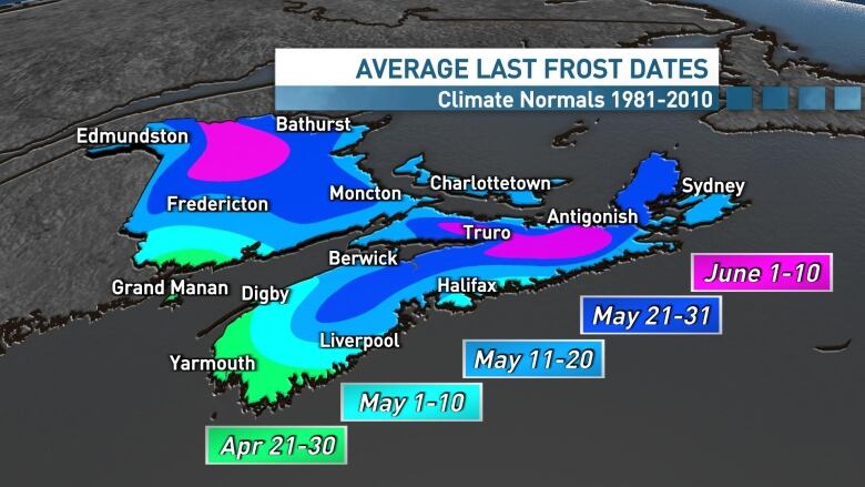 Average last frost dates in the Maritimes.