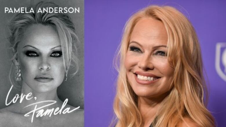 On the left is a book cover that has a black-and-white portrait of a white, blonde woman with hair in an up do and long, silver earrings. The book's title 