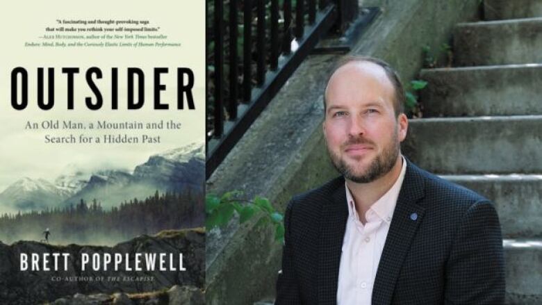 On the left is a book cover that shows a misty mountain view with a person running in front of it. There is black, white, and navy blue text overlay that is the book's title, author name, and a line that is a review of the book. On the right is a man wearing a black suit with a white dress shirt. He is sitting on concrete stairs and is smiling at the camera. 