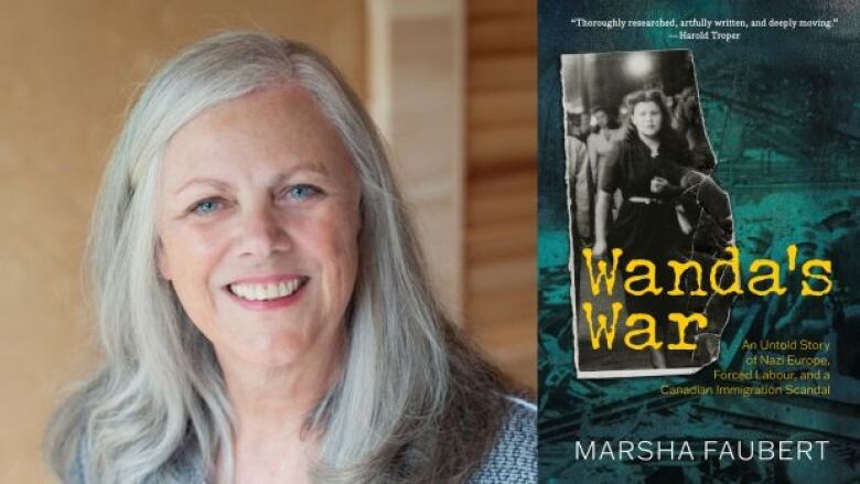 On the left is a headshot photo of the author who is a woman with middle-length long white hair and blue eyes. She is smiling at the camera. On the right is the book cover that features the ripped, black-and-white photograph of a woman in a dress standing in front of soldiers. The photograph is on top of an image of soldiers. The image is green. 