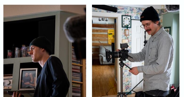 Two portraits of filmmakers on set.