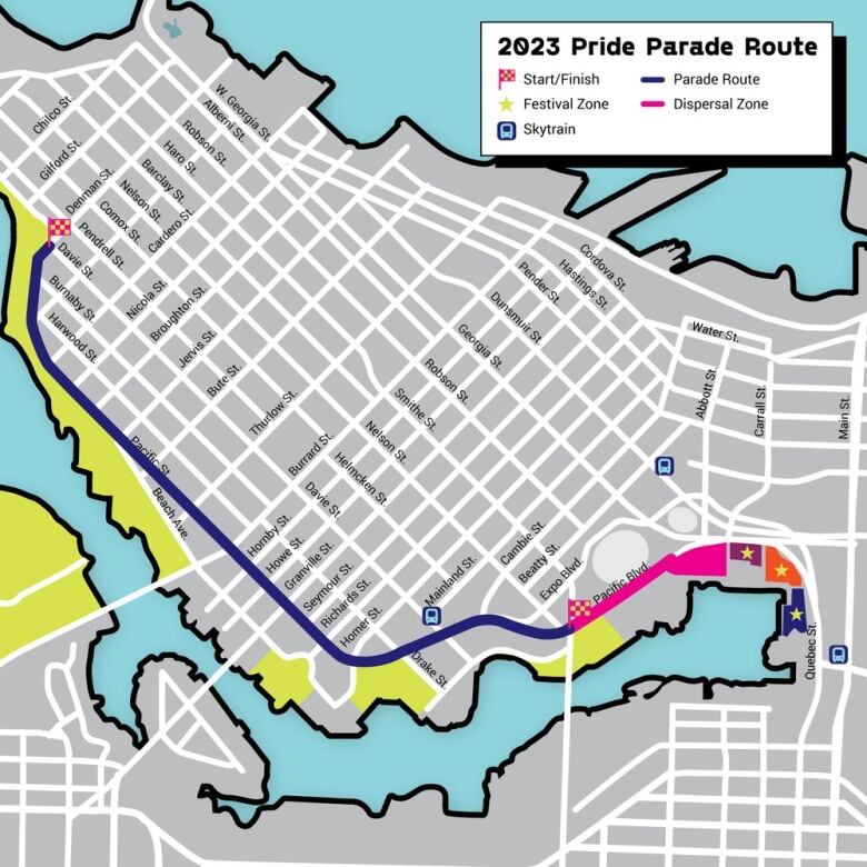 A map created by the Vancouver Pride Society to show the new route of the 2023 Pride Parade. It will begin at Davie and Denman streets and terminate at Concord Community Park near Science World on Sunday, Aug. 6.