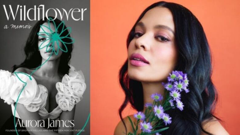 On the left is a book cover that shows a woman in a dress smiling at the camera. There is a turquoise flower that is drawn over her face. There is white text overlay that displays the book title and author name. On the right is a headshot photo of a woman with long black hair in front of an orange background. She is holding purple daisies by her face.  