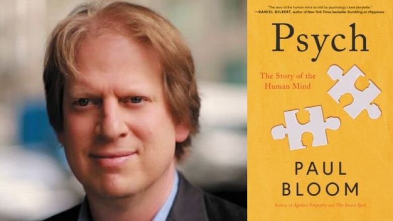 On the left is an author headshot photo of a man with short blonde hair. He is smiling at the camera and smiling. On the right  is an image of a yellow book cover features two, white puzzle pieces below the title. There is red and black text overlay that is book's title and author name. 