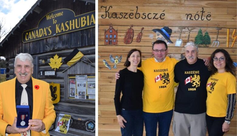 Two images of a man in front of an outdoor museum and in front of a sign, both with the word Kashubia.