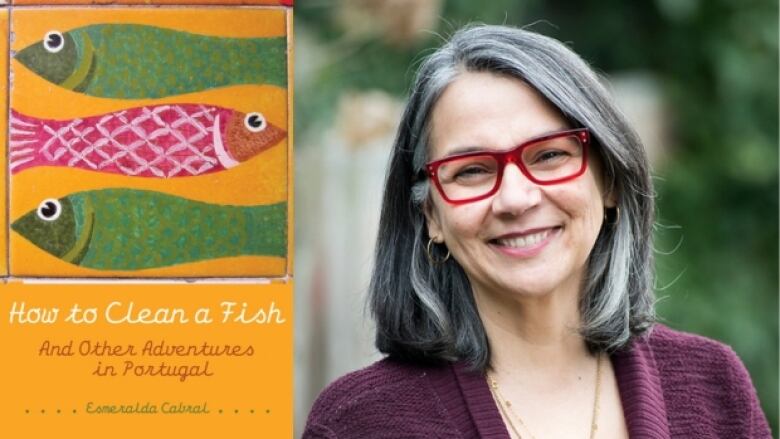 On the left is a yellow-orange book cover with two green coloured fish and one red coloured fish with an orange head painted on it. There is white, maroon, and green coloured text overlay that is the book title and author name. On the right is a headshot photo of the author who has black and gray hair in a short bob haircut. She is wearing red framed glasses and maroon sweater and is smiling at the camera. 